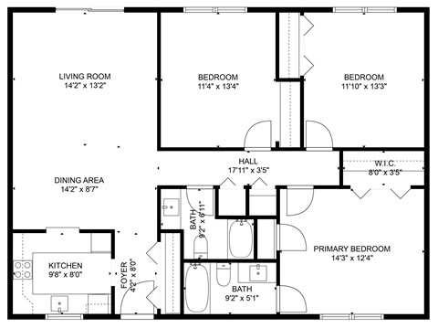 Floor plan for 3 beds, 2 baths, 1215 sqft